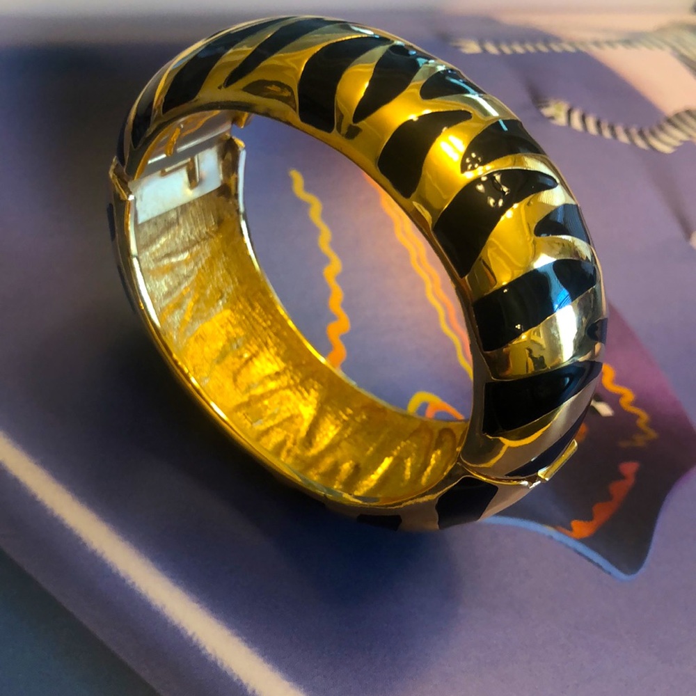 Vintage Ciner Wide Gold Plated Black Enamel Animal Print Bangle Bracelet